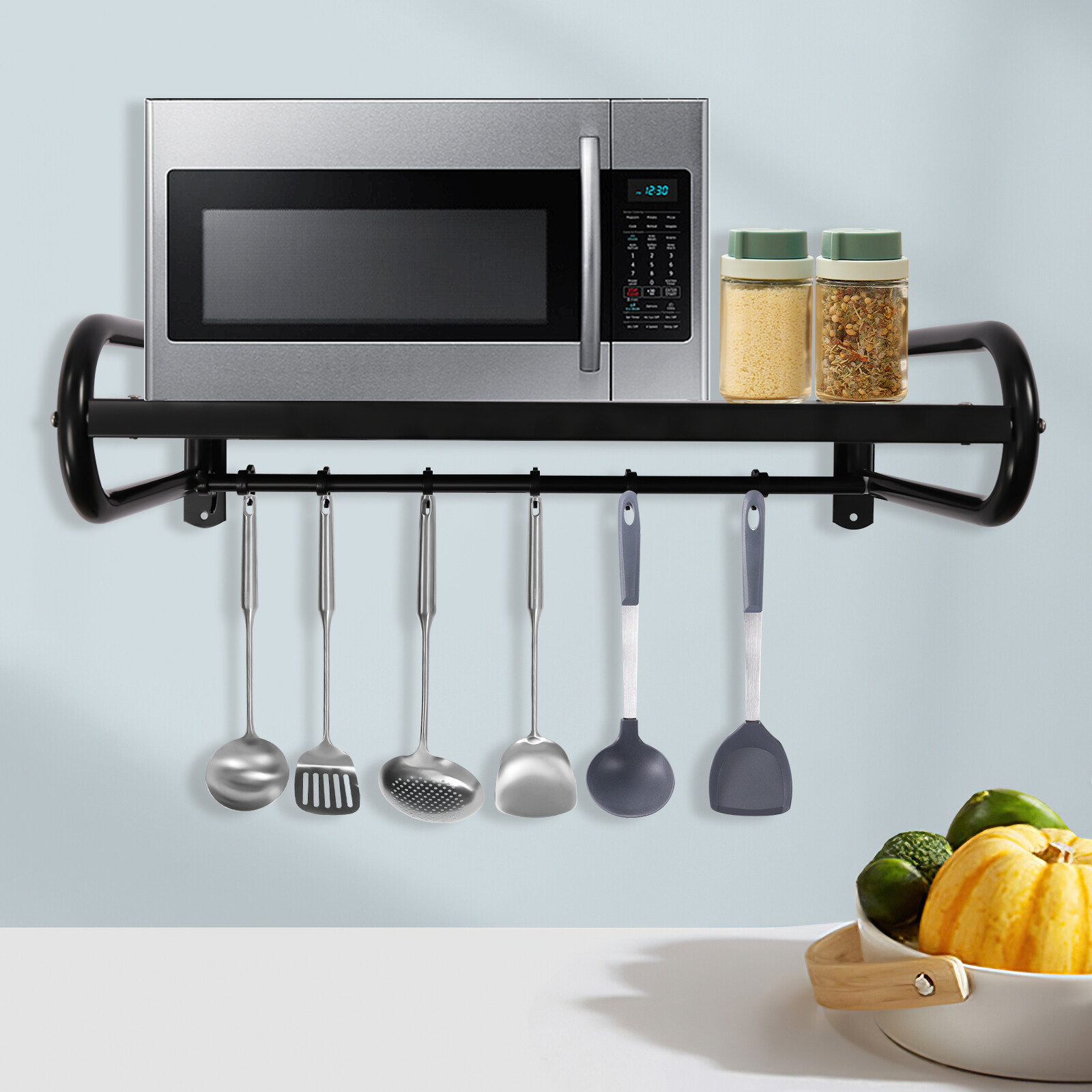 Kitchen Pan Pot Rack Wall Mounted Hanging Storage Organizer Shelf With 6 Hooks