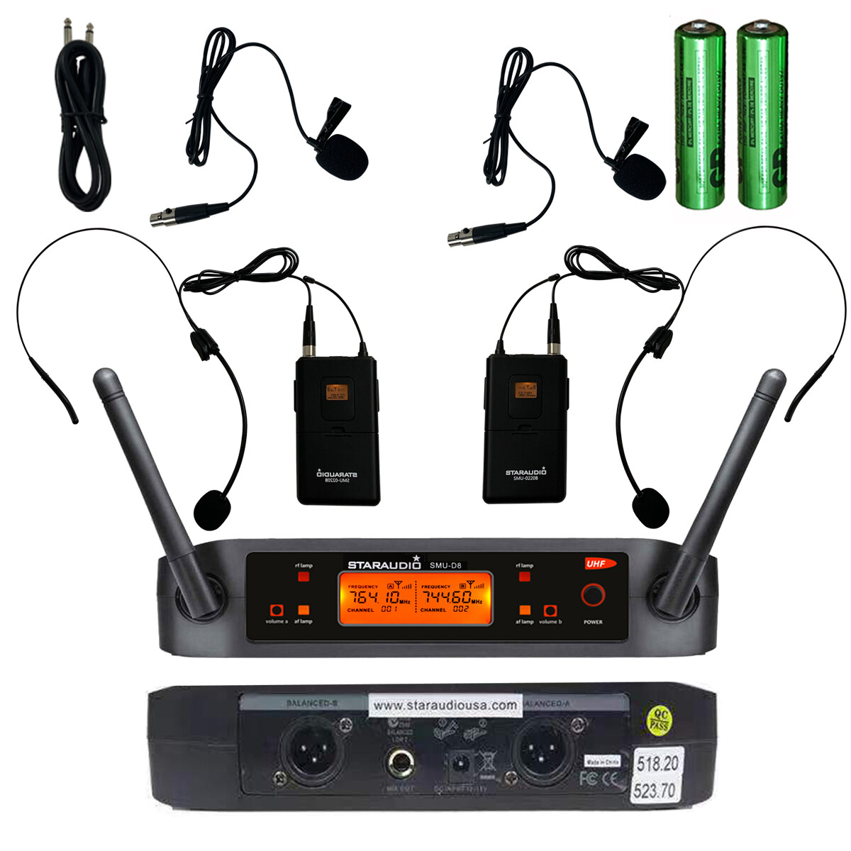 UHF Wireless Microphone System 2 Channel Quad Headset KTV Stage Party Audio Mics
