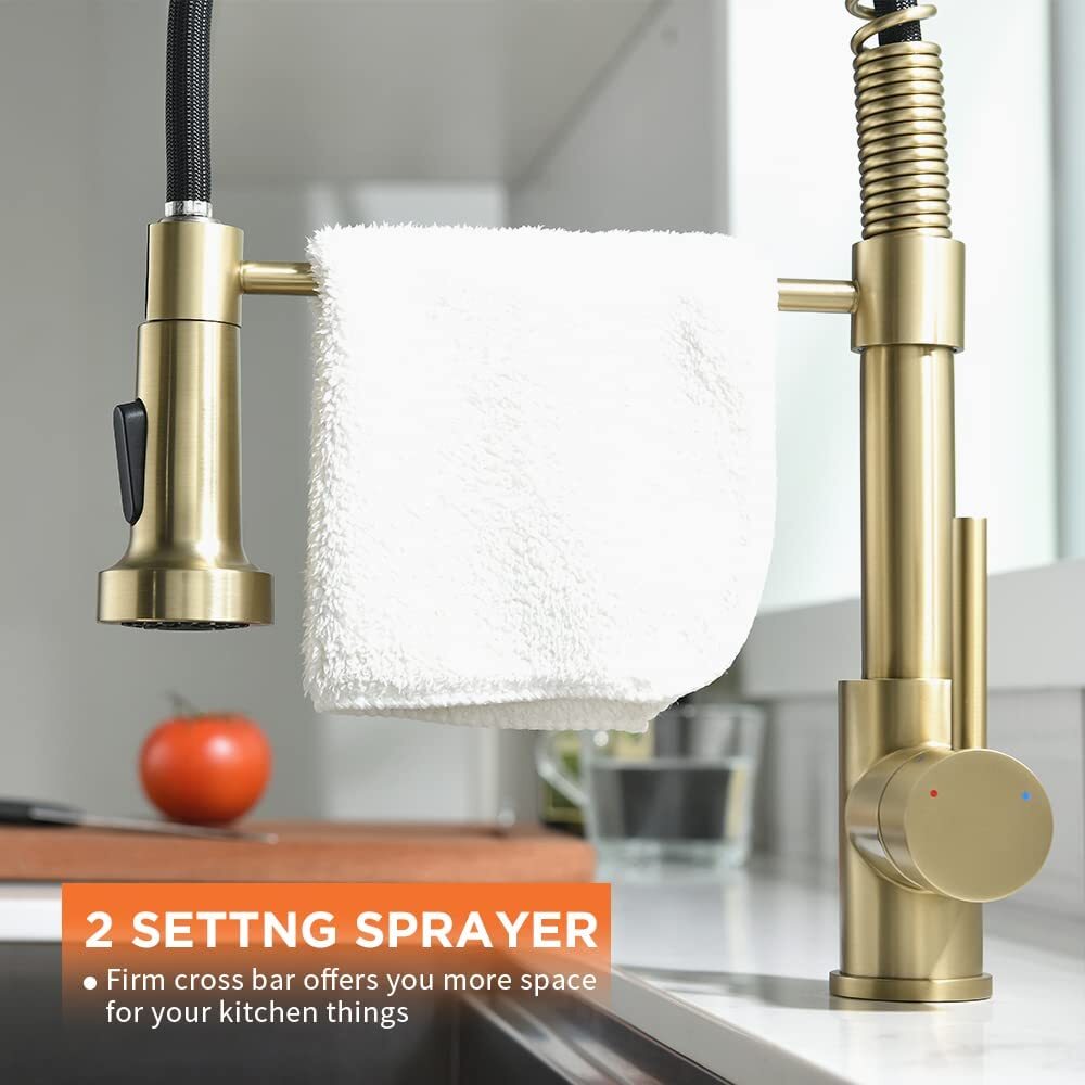 Brushed Gold Kitchen Faucet with Pull Down Sprayer Single Handle Spring Faucet