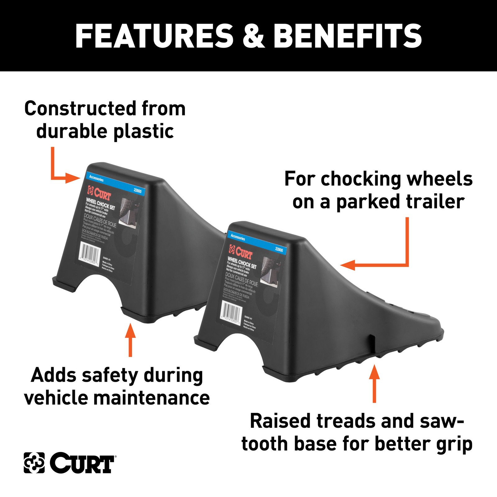 Curt-Wheel Chock Set (Up to 17" Wide Wheels)