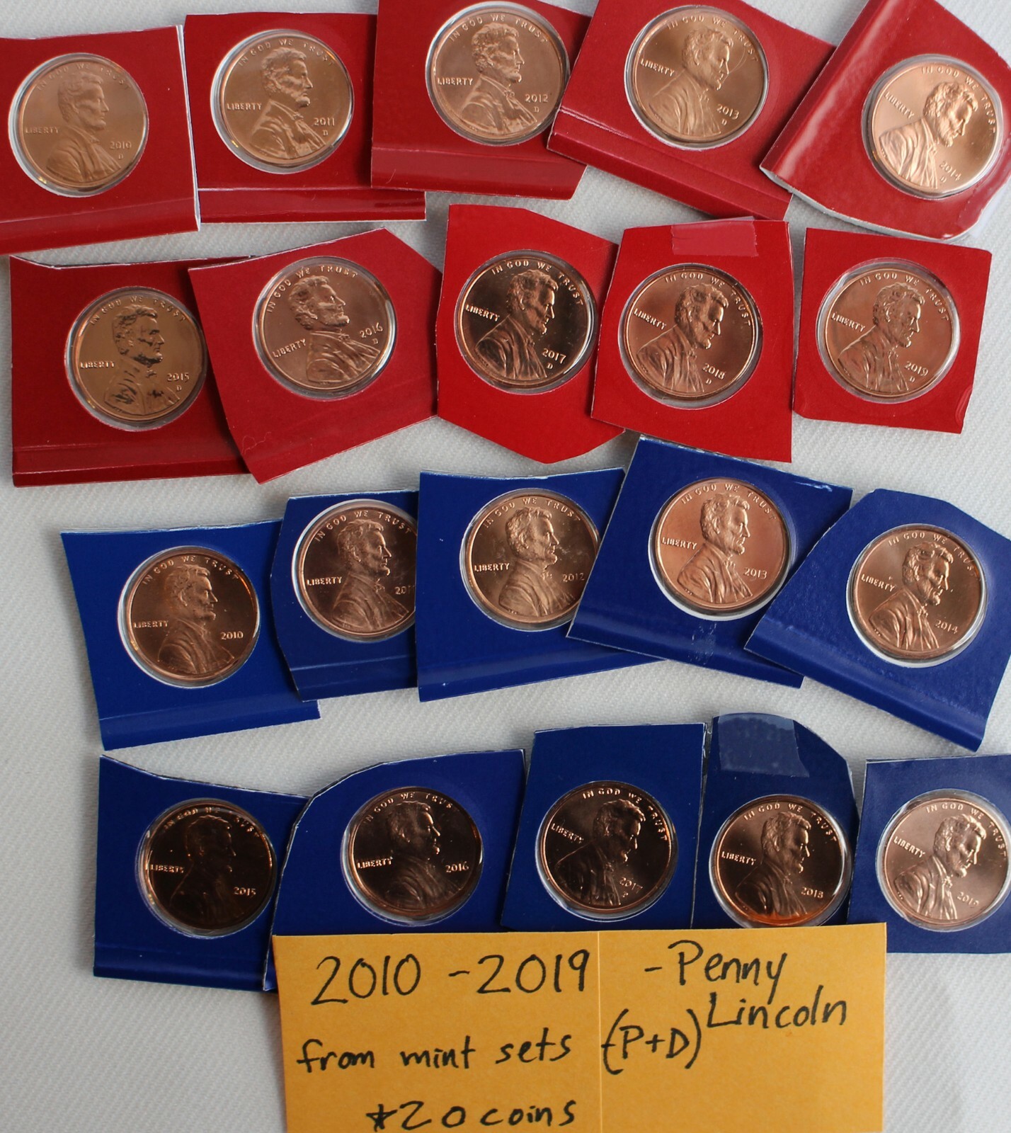 2010 thru 2019 P and D Lincoln One Cent 20 Coin Lot Penny Ten 1c from Mint Sets