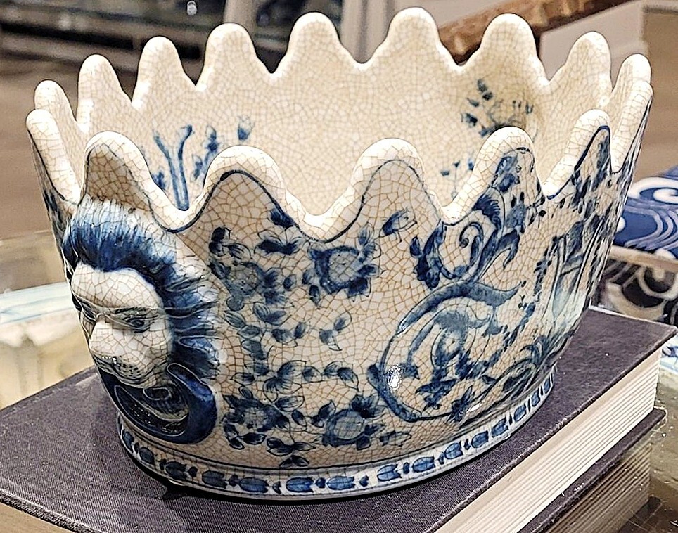 Blue, White Oval Porcelain Chinoiserie Planter. Lion Handles. Hand Painted (9”L)