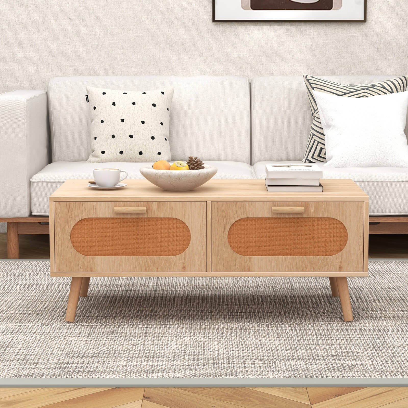 Rattan Coffee Table Mid Century Modern Center Table w/ 2 Storage Drawers
