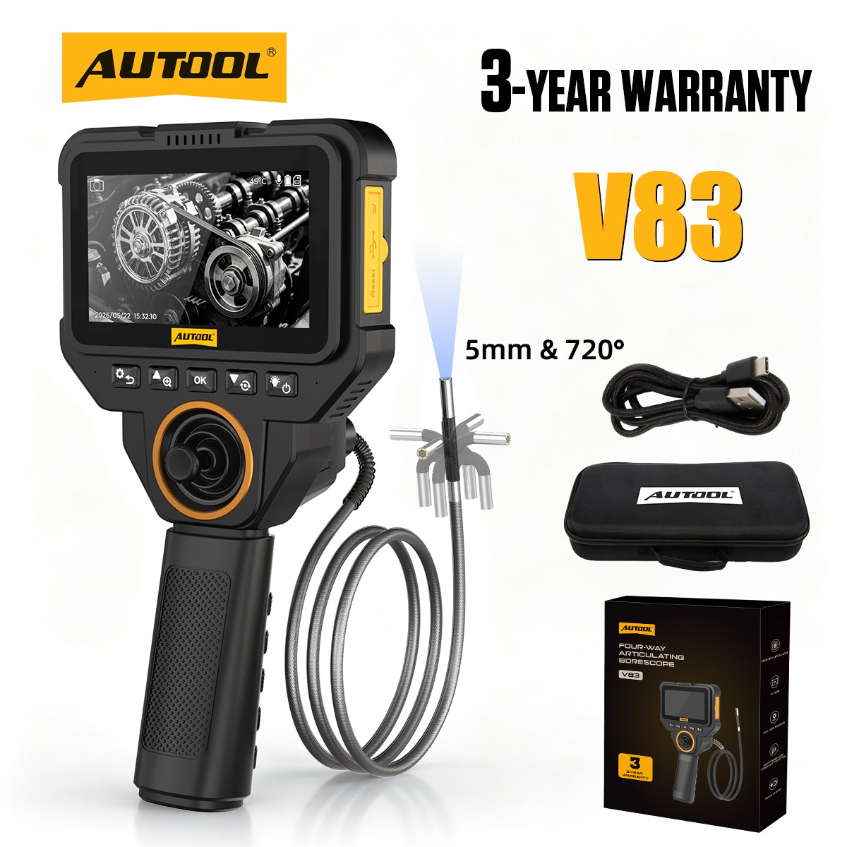 4-Way 720° Endoscope 5.0mm Industrial Articulating Borescope Camera Inspection
