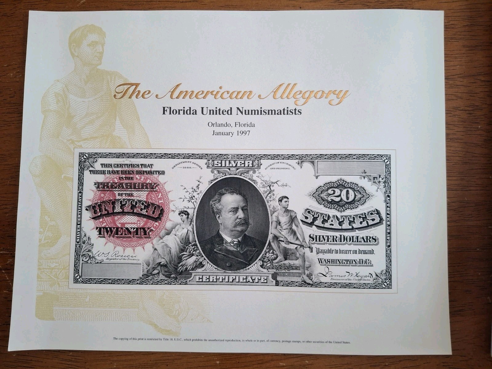 USA BEP SOUVENIR CARD  B214 1997 FUN Orlando $20 SILVER CERTIFICATE 1886