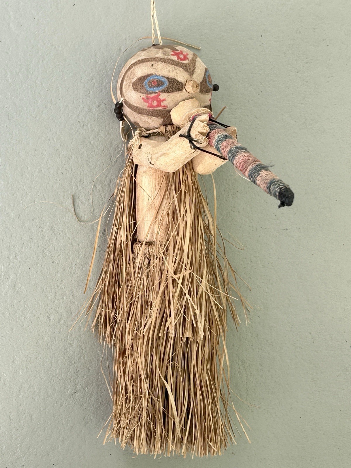 Yagua Peru Chambira Palm-Fiber Blowgun Doll Piranha Jaw Earrings 1970s VTG 11″