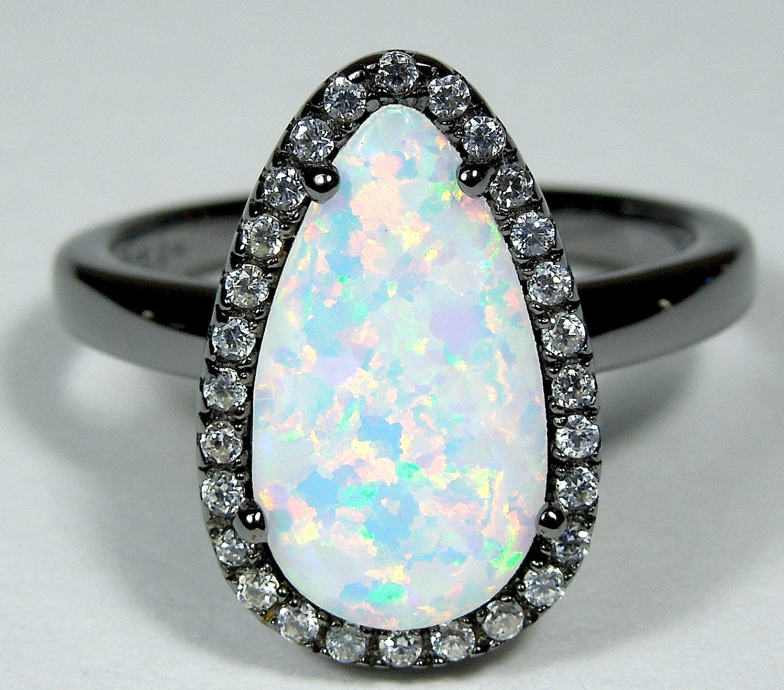 White Fire Opal & White Topaz 925 Sterling Silver Black Rhodium Ring size 6-9