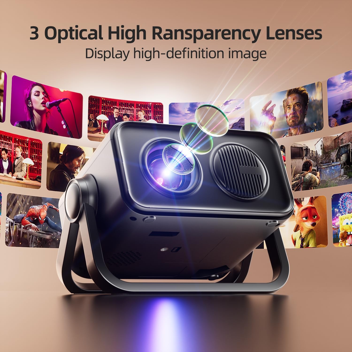 Portable 1080P Mini Projector 360 Adjustable Stand Auto Keystone Bluetooth 5.4