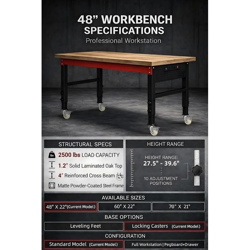 Heavy Duty Workbench Steel Frame Adjustable Height Oak Surface Garage Workshop