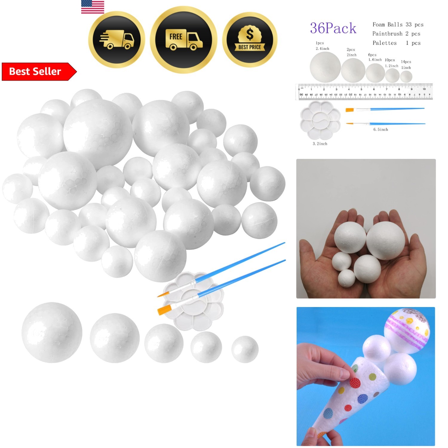 Craft Foam Balls Assorted Sizes 36pcs for Arts Crafts School Projects DIY