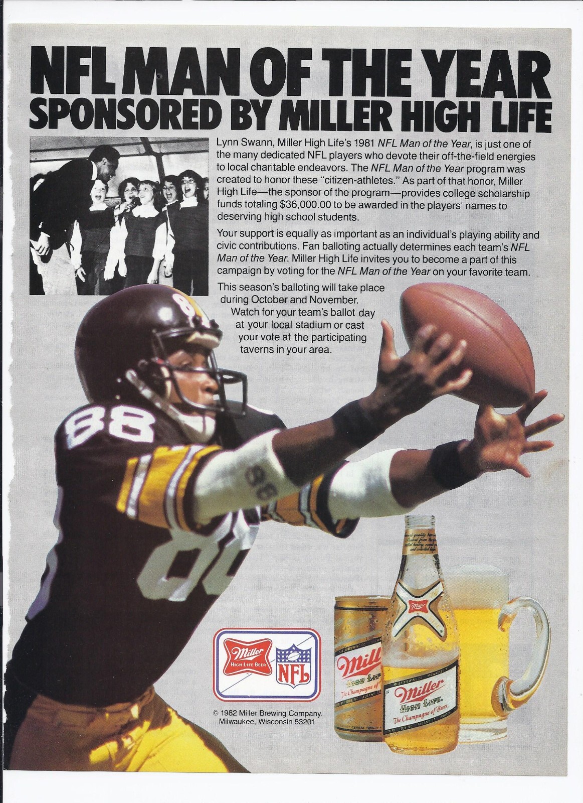 1981 Miller High Life Beer Print Ad Lynn Swan Steelers NFL Football 8.5" x 11"