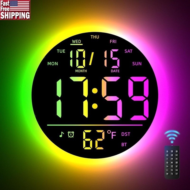 360° RGB Wall Clock Digital W/ Music Sync Dual Alarm Timer Remote Control New