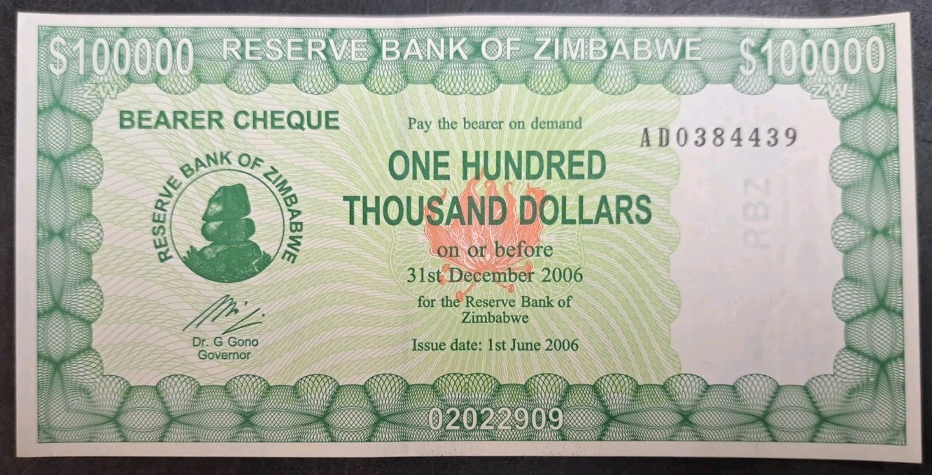 2006 Zimbabwe 100000 Dollars Bearer Cheque First Issue P33, AD0384***.