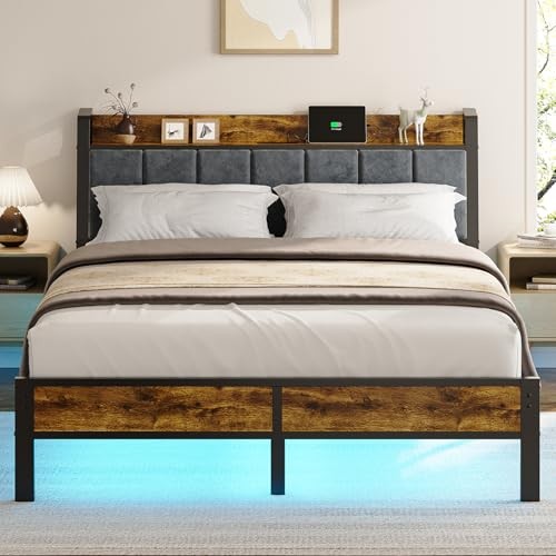 Size Bed Frame with Wood Headboard, Metal Platform Bed with USB Charging Queen