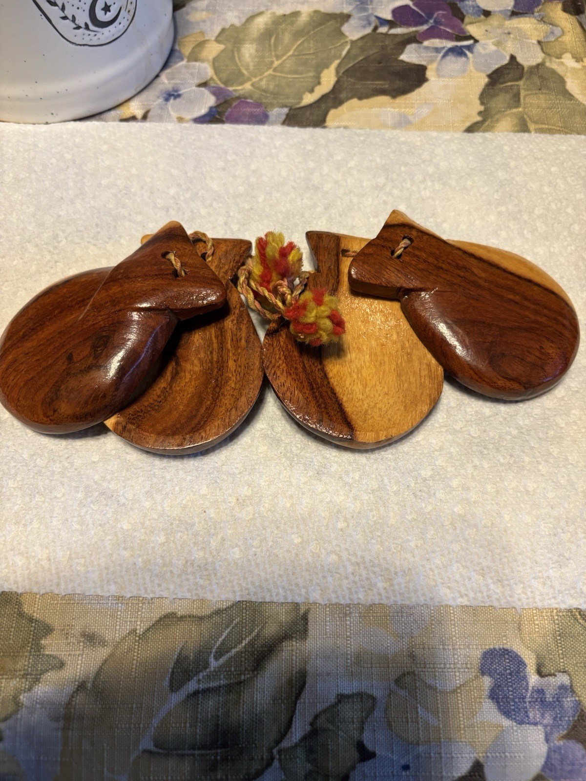 Set 2 Vintage Spanish Hand-Carved Handmade Wood Castanets Castañuelas Flamenco