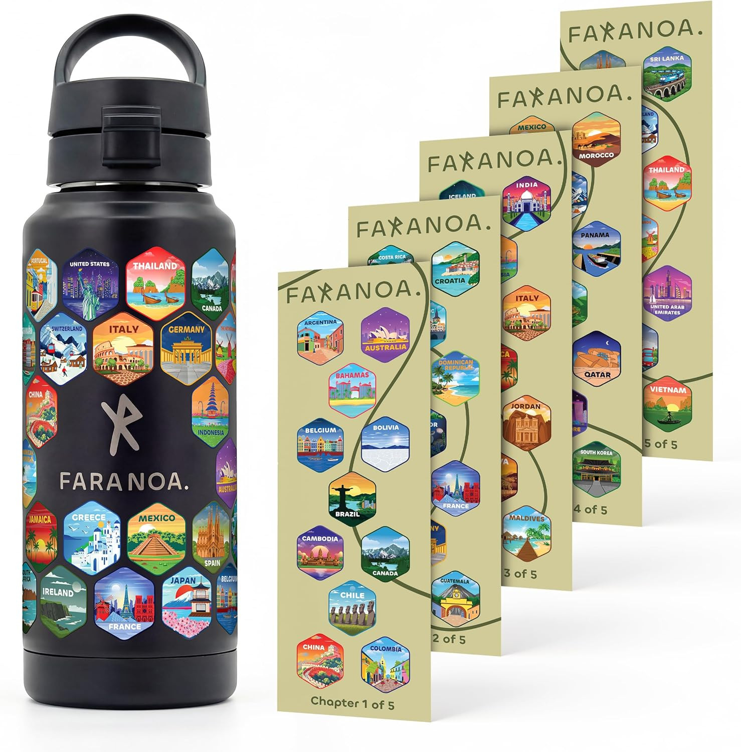 Water Bottle with 55 Waterproof Travel Stickers, 32Oz | Lockable Lid & Removable