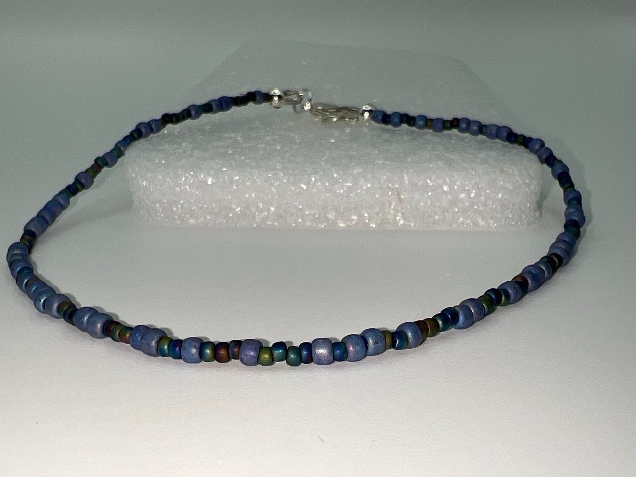 ANKLET -  blue delicate glass beaded anklet w/silver plated lobster claw clasp