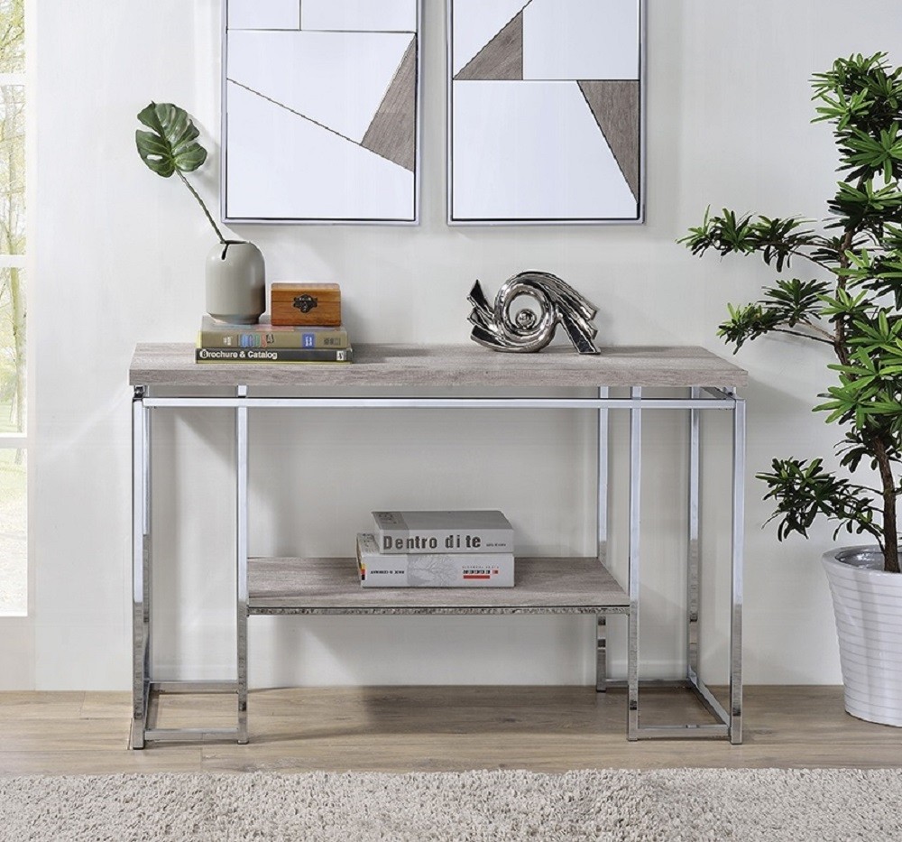 Modern Contemporary Sofa Table Natural Oak Living Room Furniture 1pc Chrome Fini