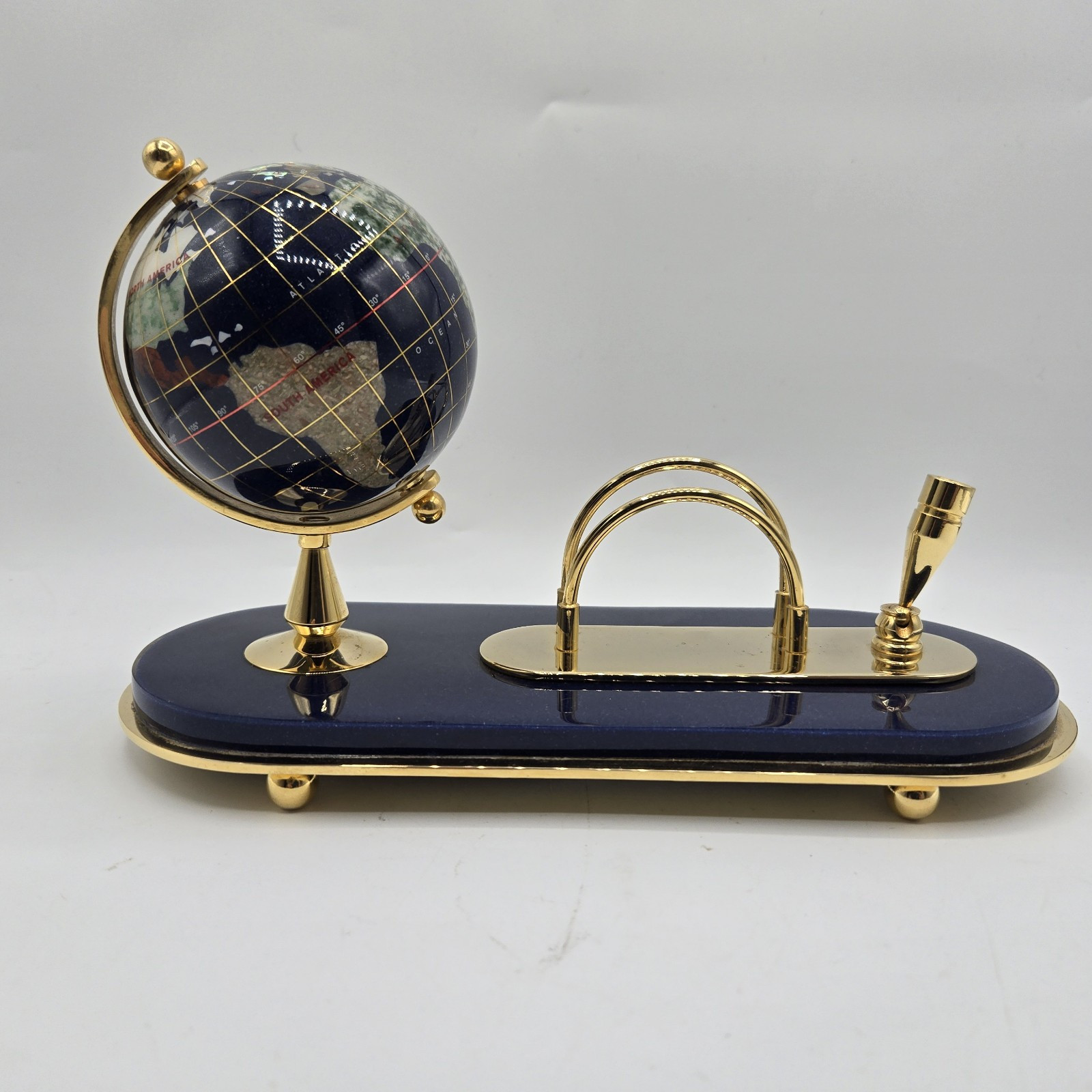 Gemstone Globe Desk Set Business Card Pen Holder Brass/Navy Lacquer NO PEN