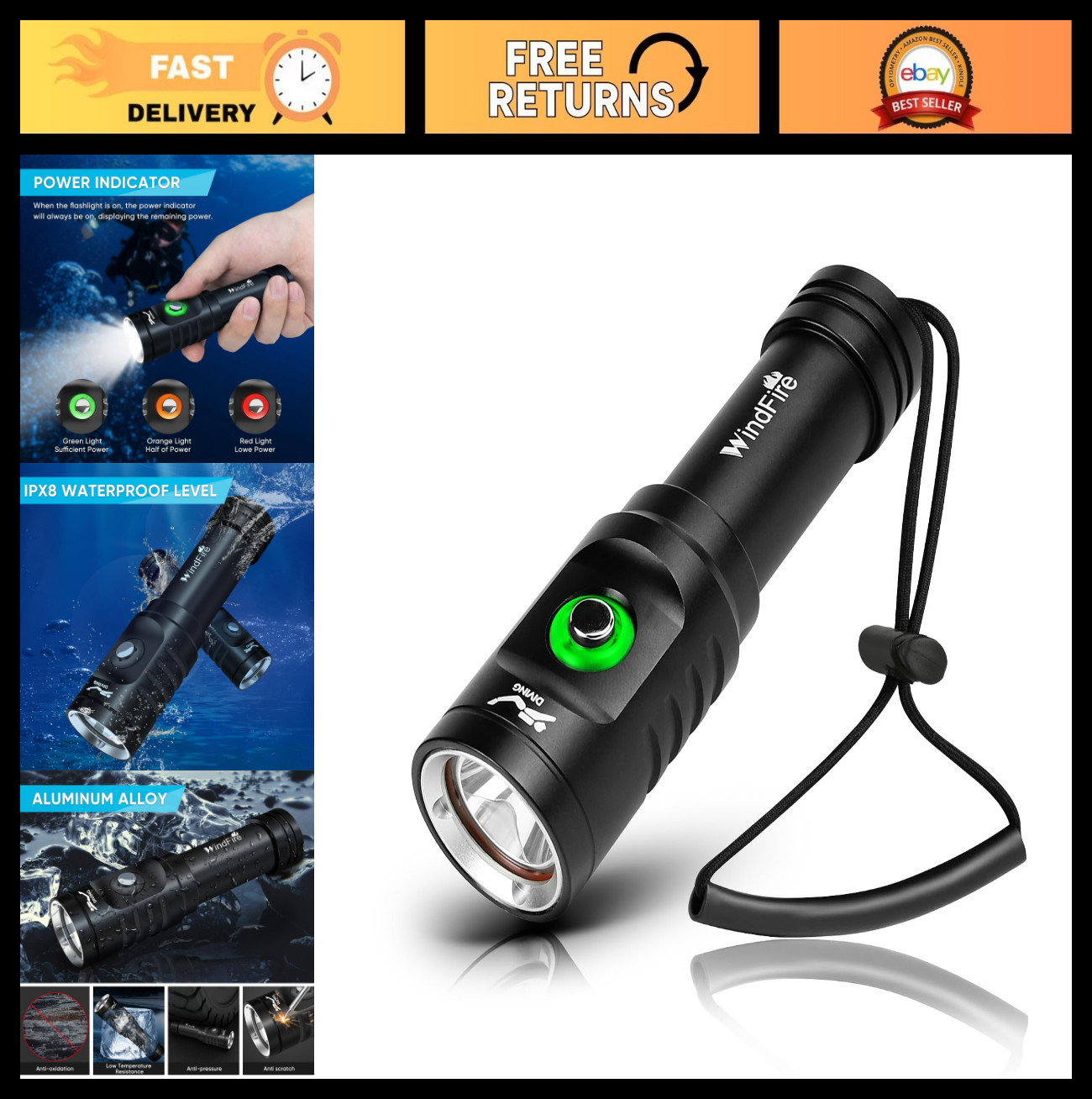 Bright Underwater Dive Light - 3 Modes, IPX8 Waterproof, Long-lasting Battery, N