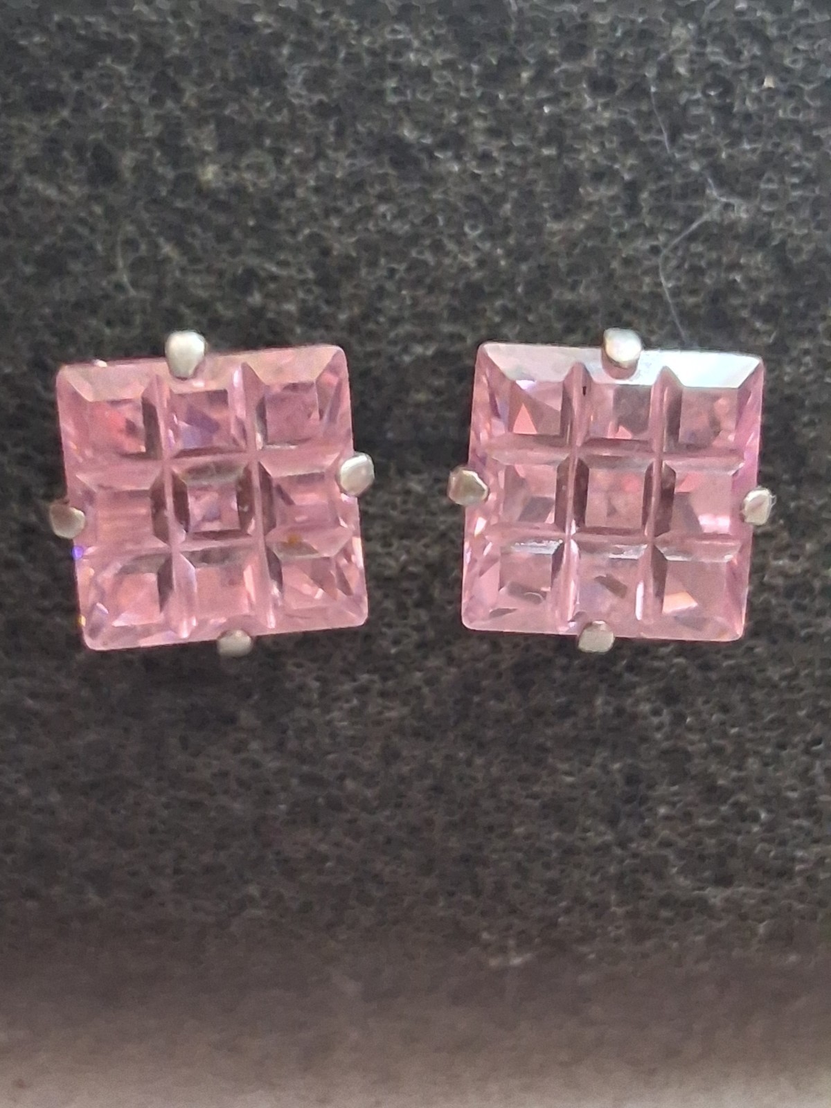 Sterling silver invisible cut pink stone grid pattern stud earrings, prong set