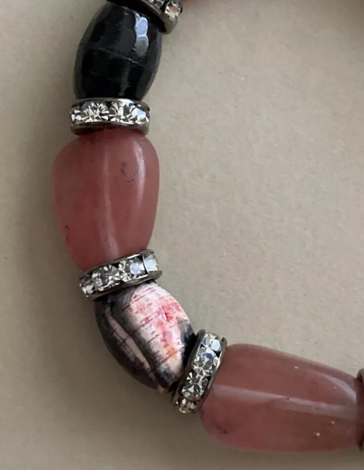 Glass Beaded Bracelet Pink & Black Beads Rhinestone Rondels Toggle  Artisan Made