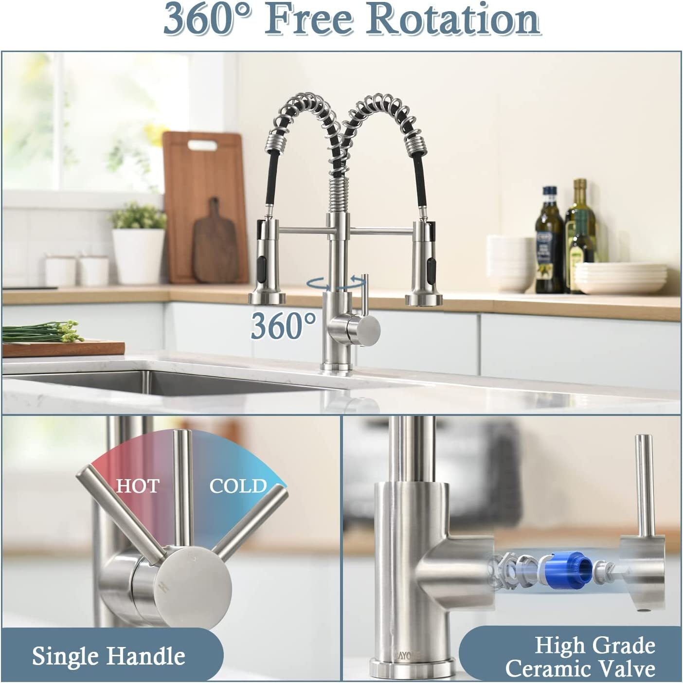 Comercial Spring Brushed Nickel Kitchen Faucet with Sprayer Pull Down Sink Mixer