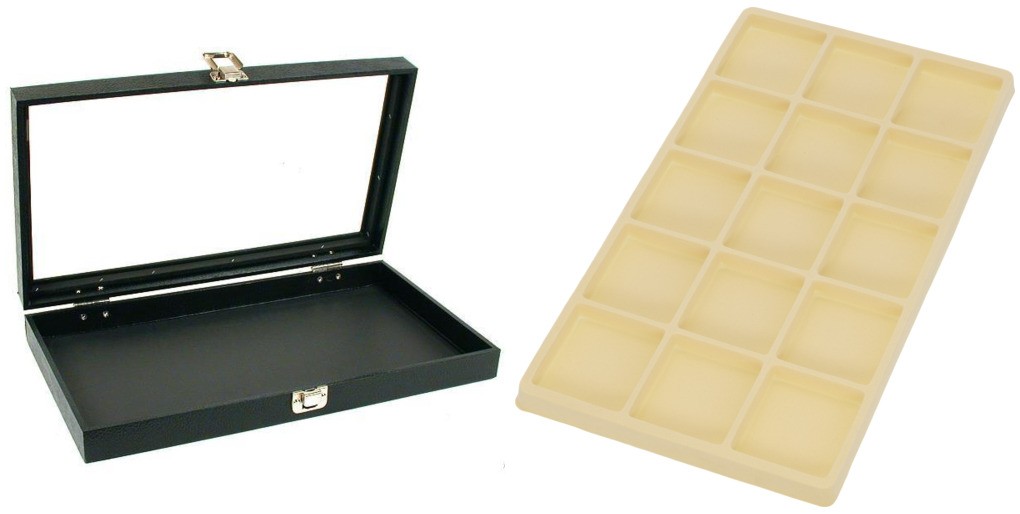 Glass Lid Jewelry Display Case 14 3/4" w/ Begie 15 Compartment Display Tray