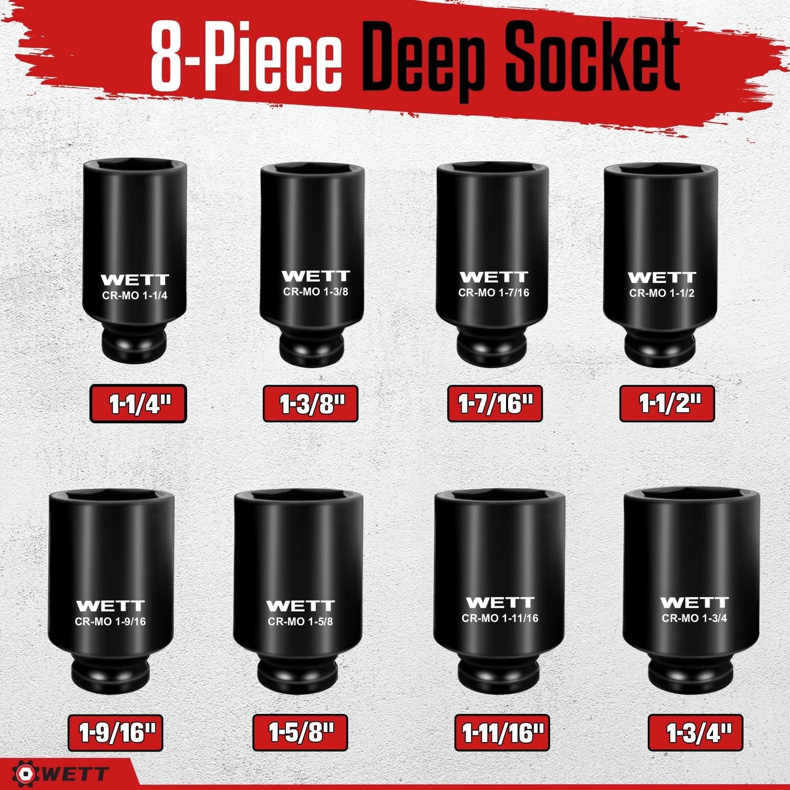 WETT 1/2" Drive Deep Large Impact Socket Set, 8-Piece Spindle Axle Nut Large ...