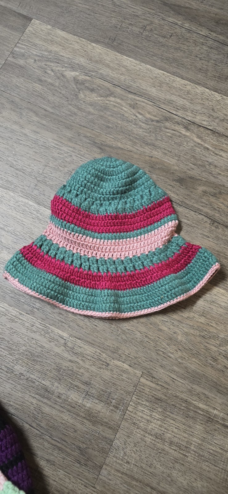 Handmade Crochet Knit Striped Bucket Hat Teal Pink White Handcrafted Crocheted