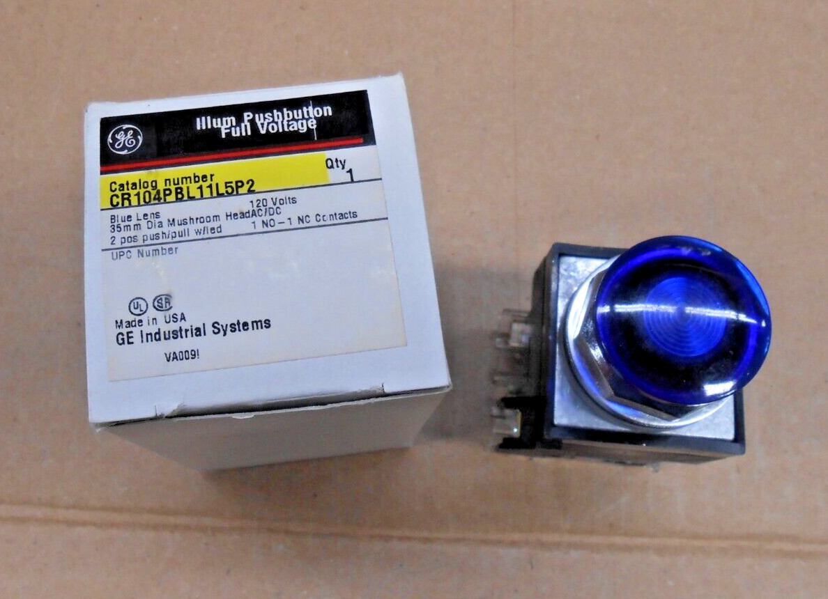 NEW GE CR104PBL11L5P2 PUSHBUTTON BLUE 120 V MUSHROOM  2 POS 1 NO-1 NC (2 AVAIL)