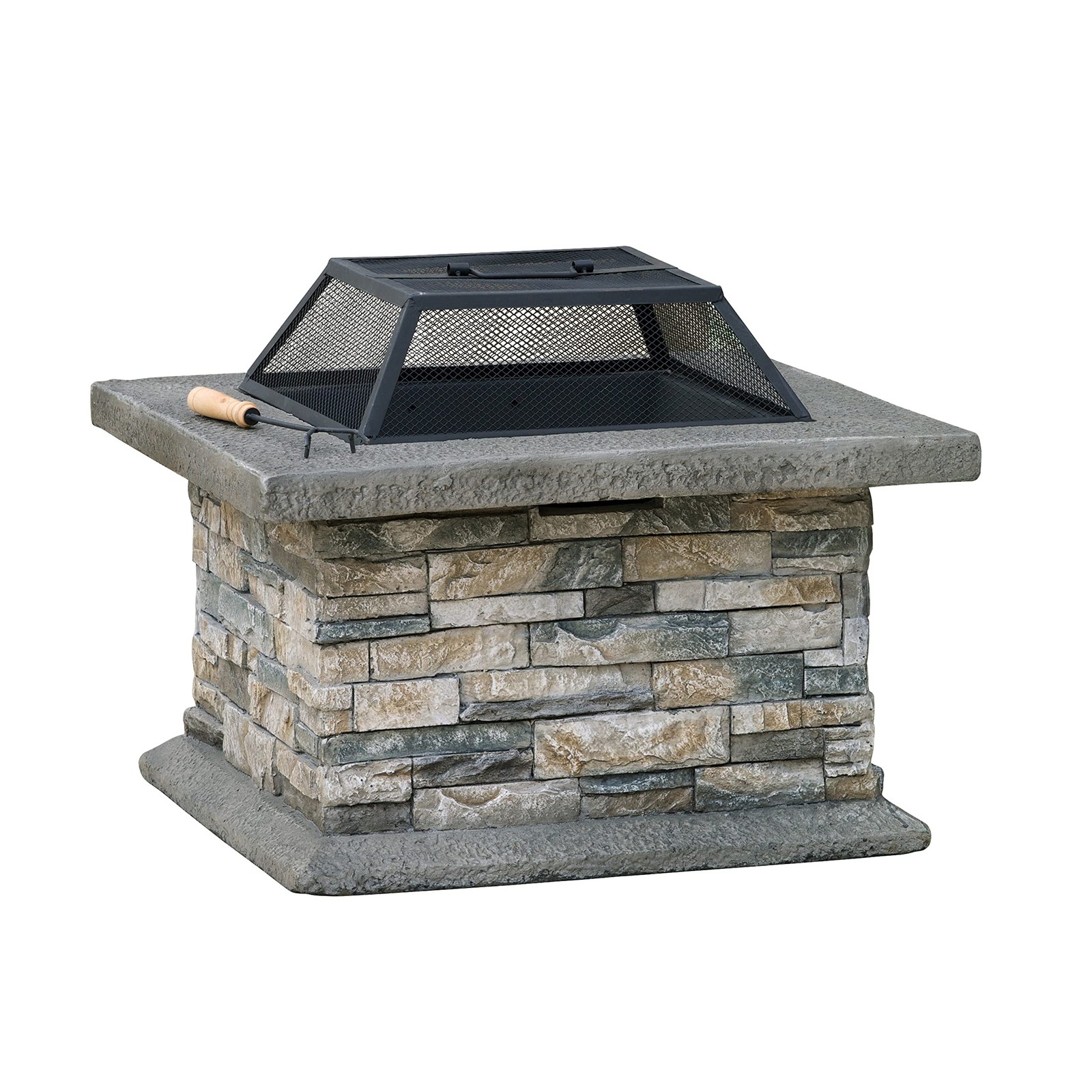 29in Outdoor Fire Pit Table Wood Burning Spark Screen Fire Poker Stone Gray