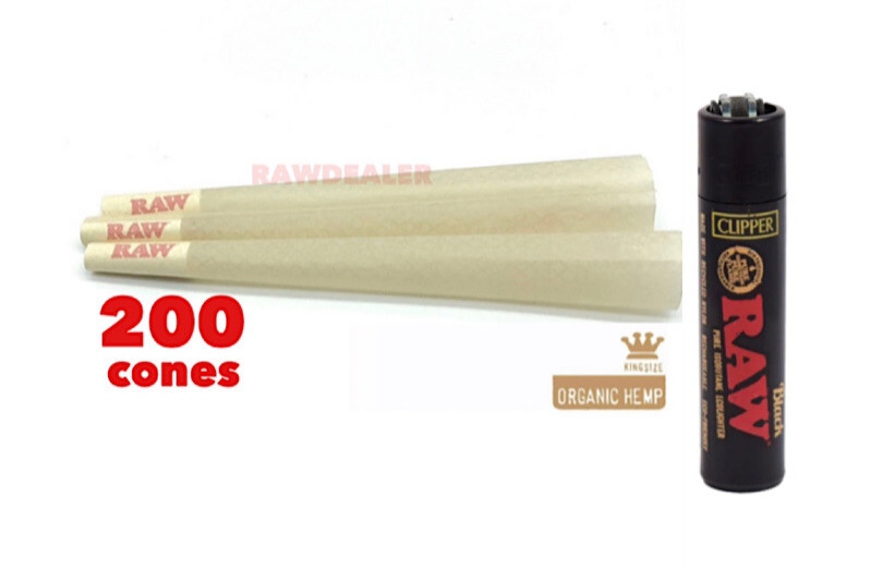 RAW organic cone king size (200PK)+raw black large clipper lighter