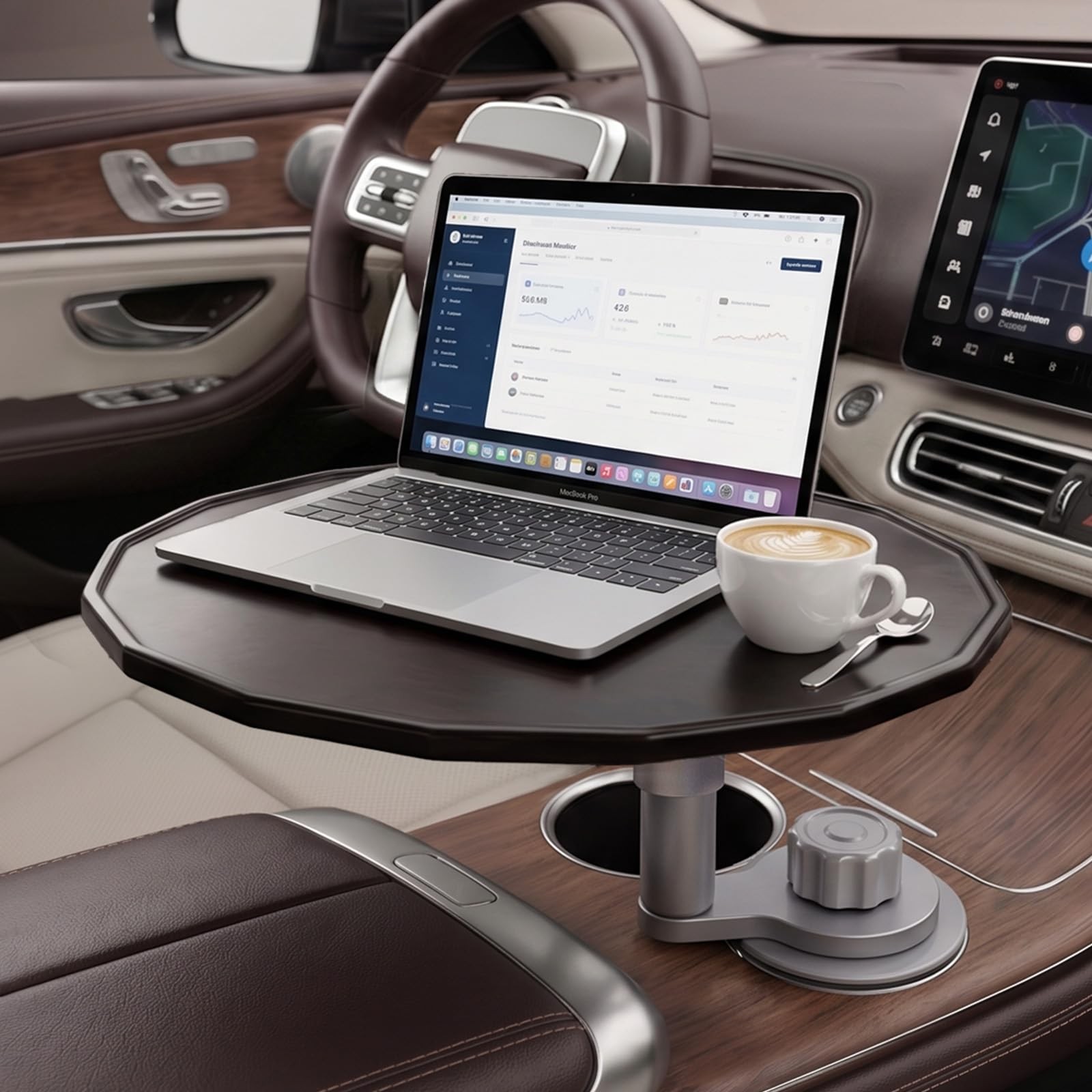 Car Laptop Desk with 4Way Base & Cup Holder for Most Vehicles, Model 3/Y
