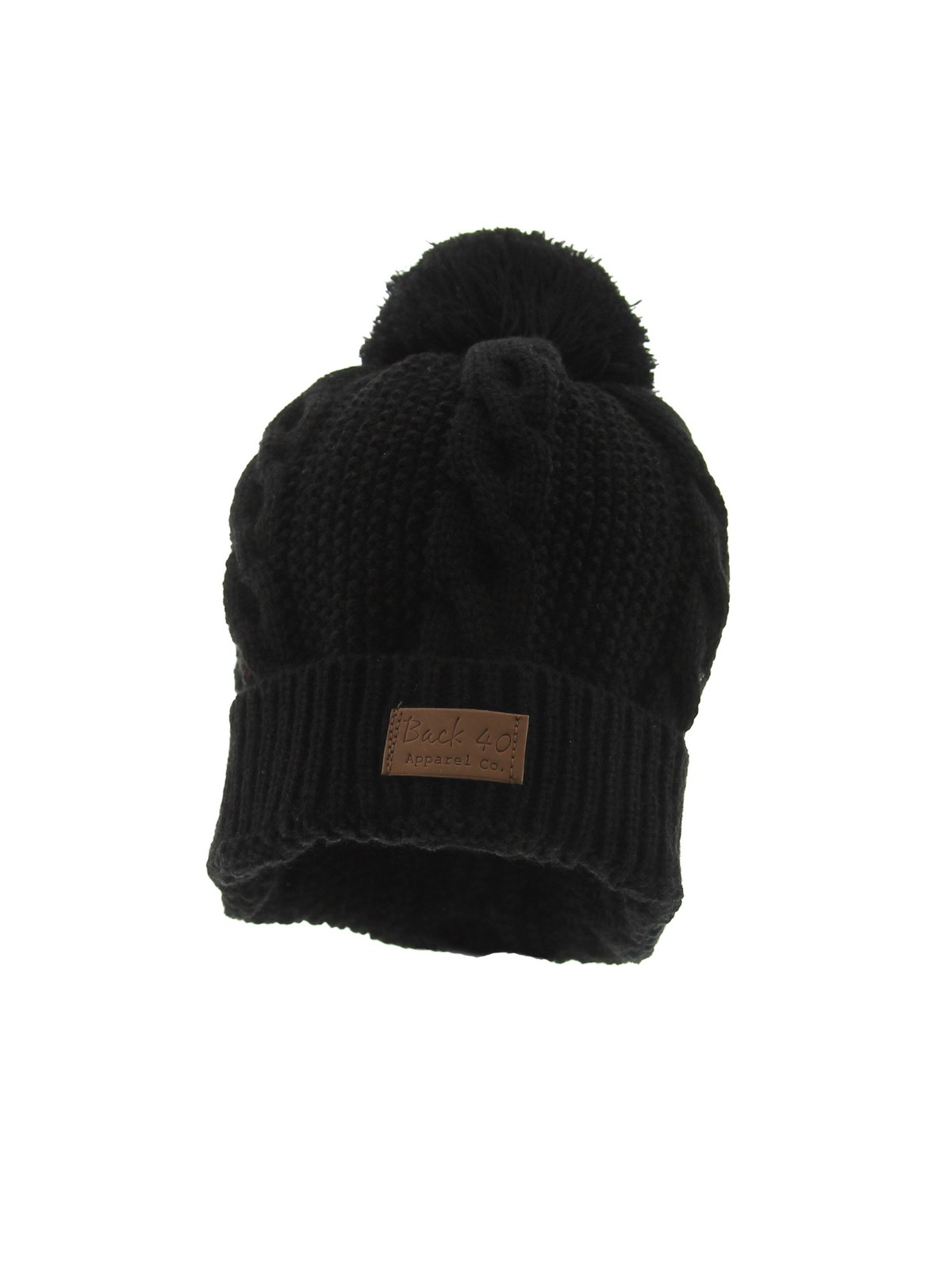 Cable Pom Pom Cuffed Beanie Unisex Black Knit Cuffed Winter Hat Cap by Back 40