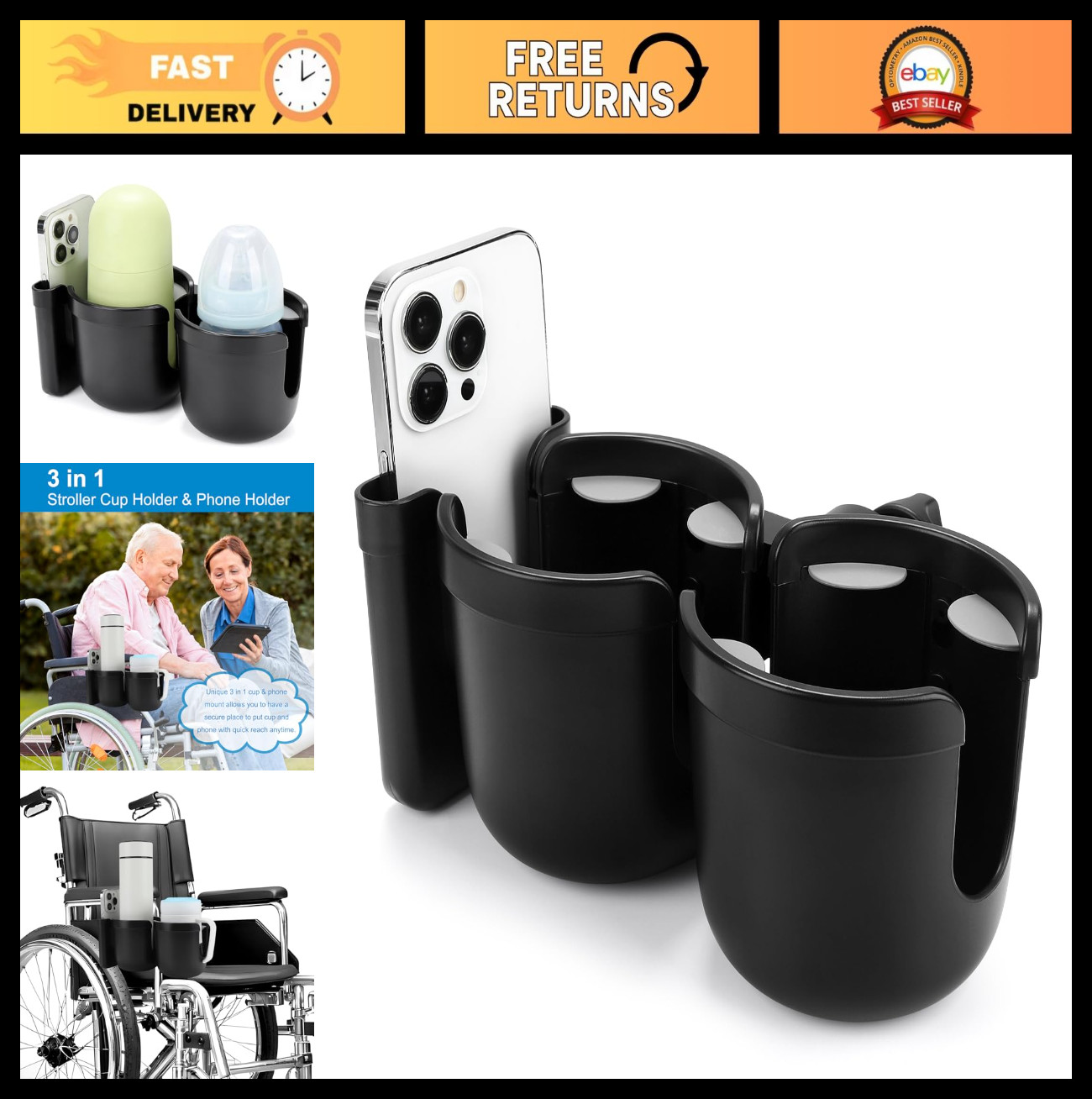 2-in-1 Walker Cup Holder & Phone Holder for Wheelchair, Rollator, Mobility Scoot