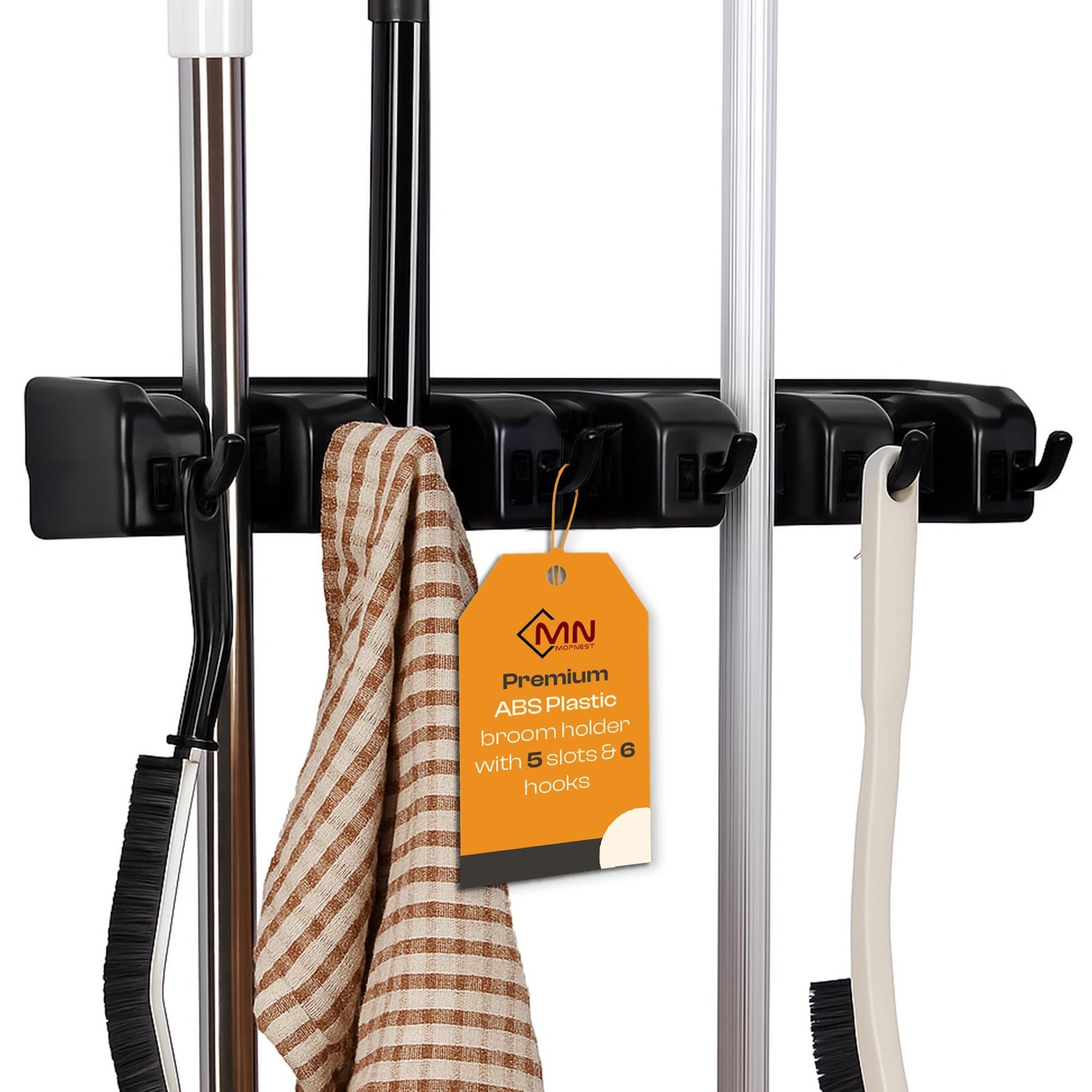 Heavy Duty ABS Plastic Broom Holder with 5 Slots and 6 Hooks | Wall Mount Mop...