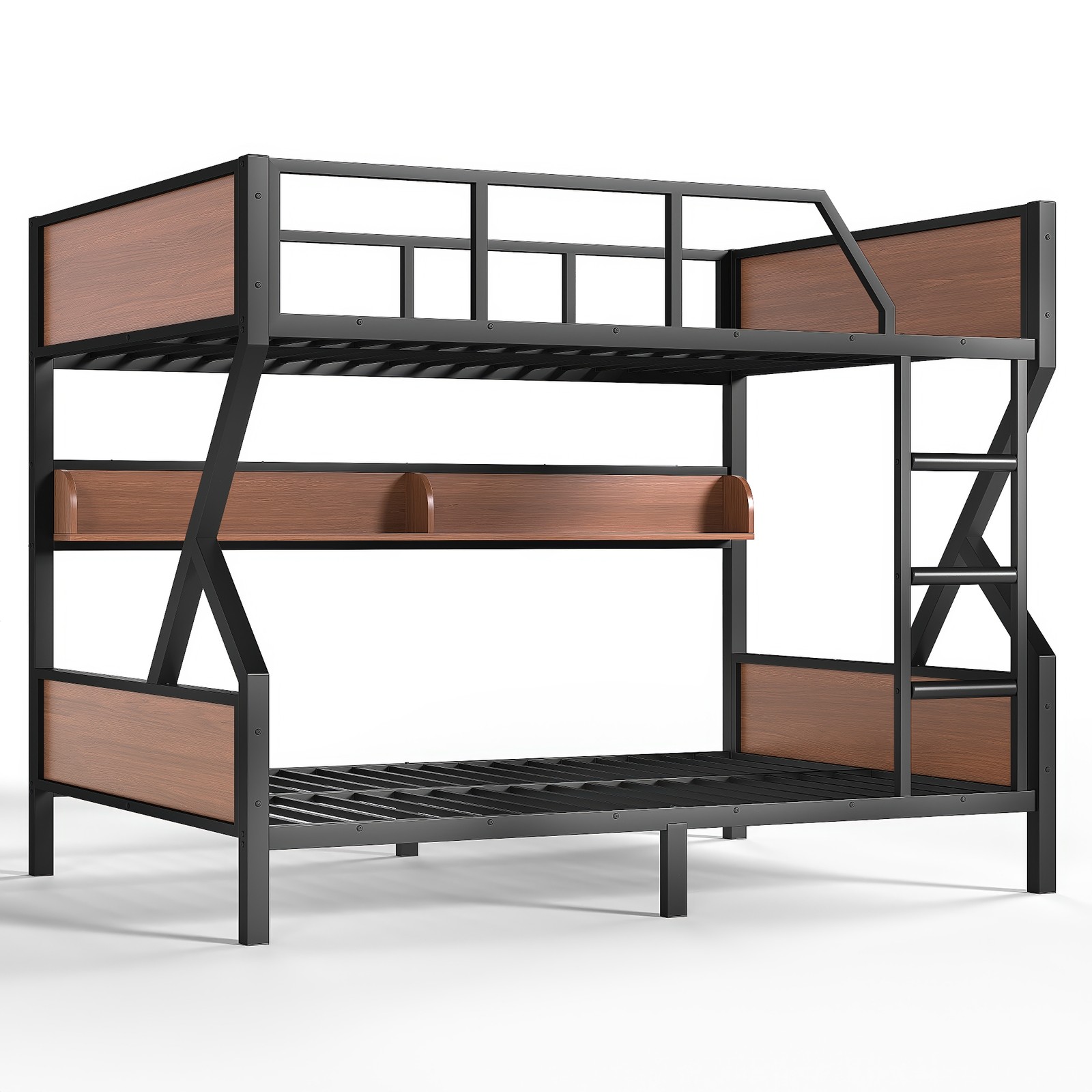 Metal Full over Full Bunk Bed with Storage Shelves Lights Space-saving Black New