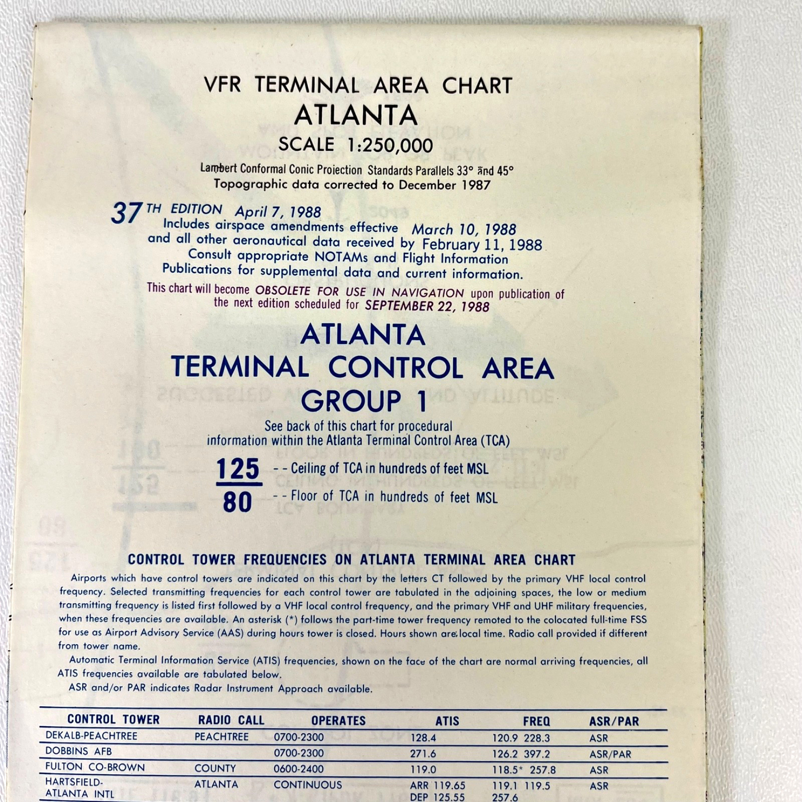 1988 FAA Atlanta Terminal Area Chart Aviation Map 37th Edition Vintage TAC