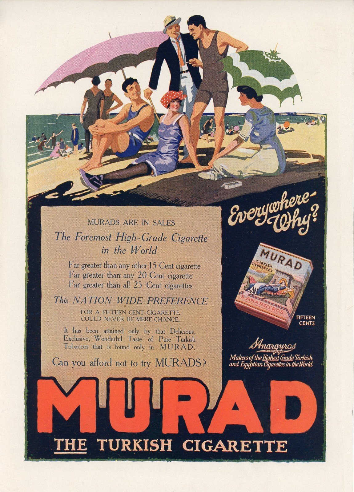 1915 Original Murad Cigarettes Ad. People Enjoying The Beach And Smoking