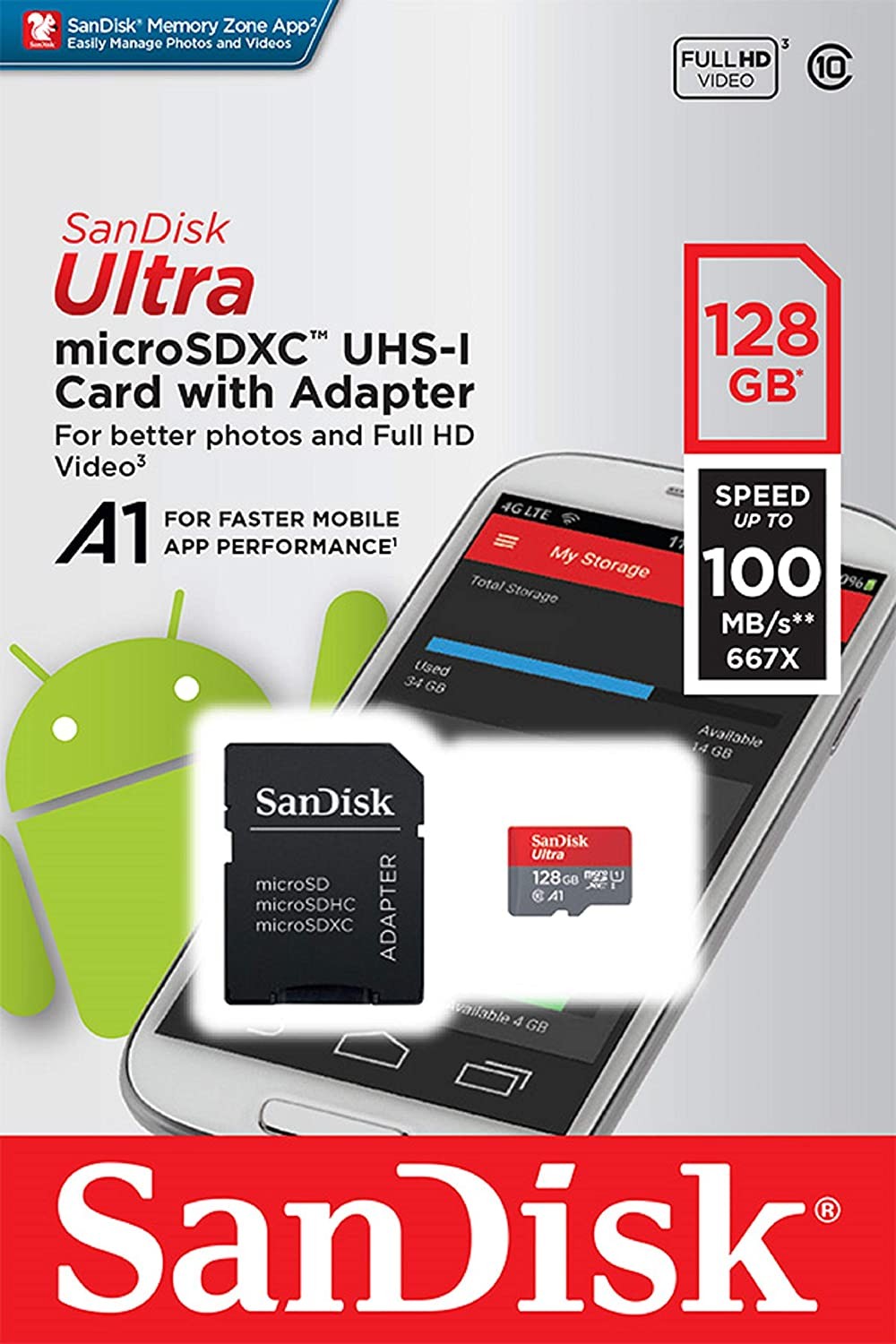 SanDisk Ultra 128GB Class 10 microSDXC UHS-1 Flash Memory Card 100MB/s A1