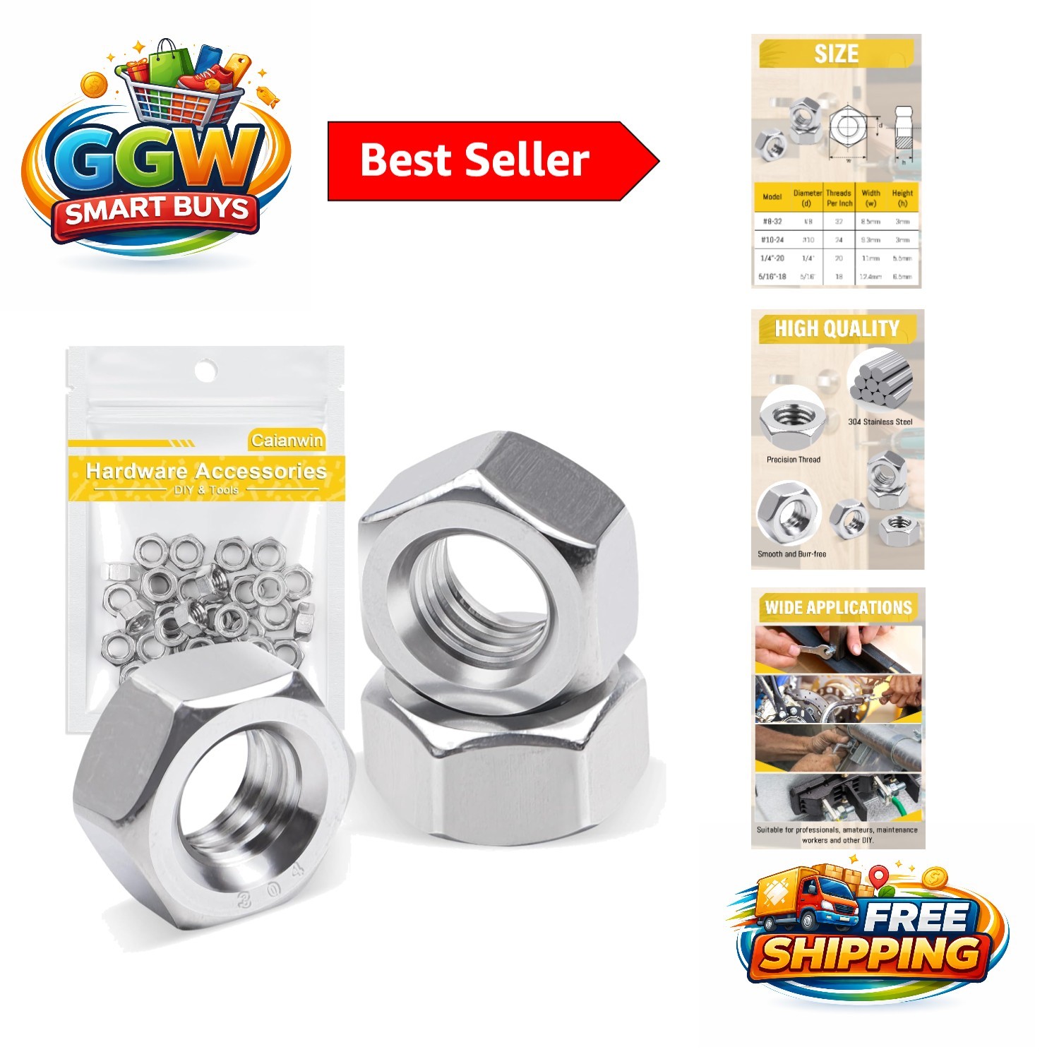 Versatile 50 Pcs Hex Nuts 1/4" - Strong and Rust-Resistant Construction Hardware