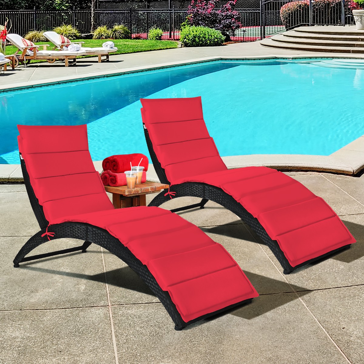 2PCS Folding Patio Rattan Lounge Chair Chaise Cushioned Portable Garden Lawn Red