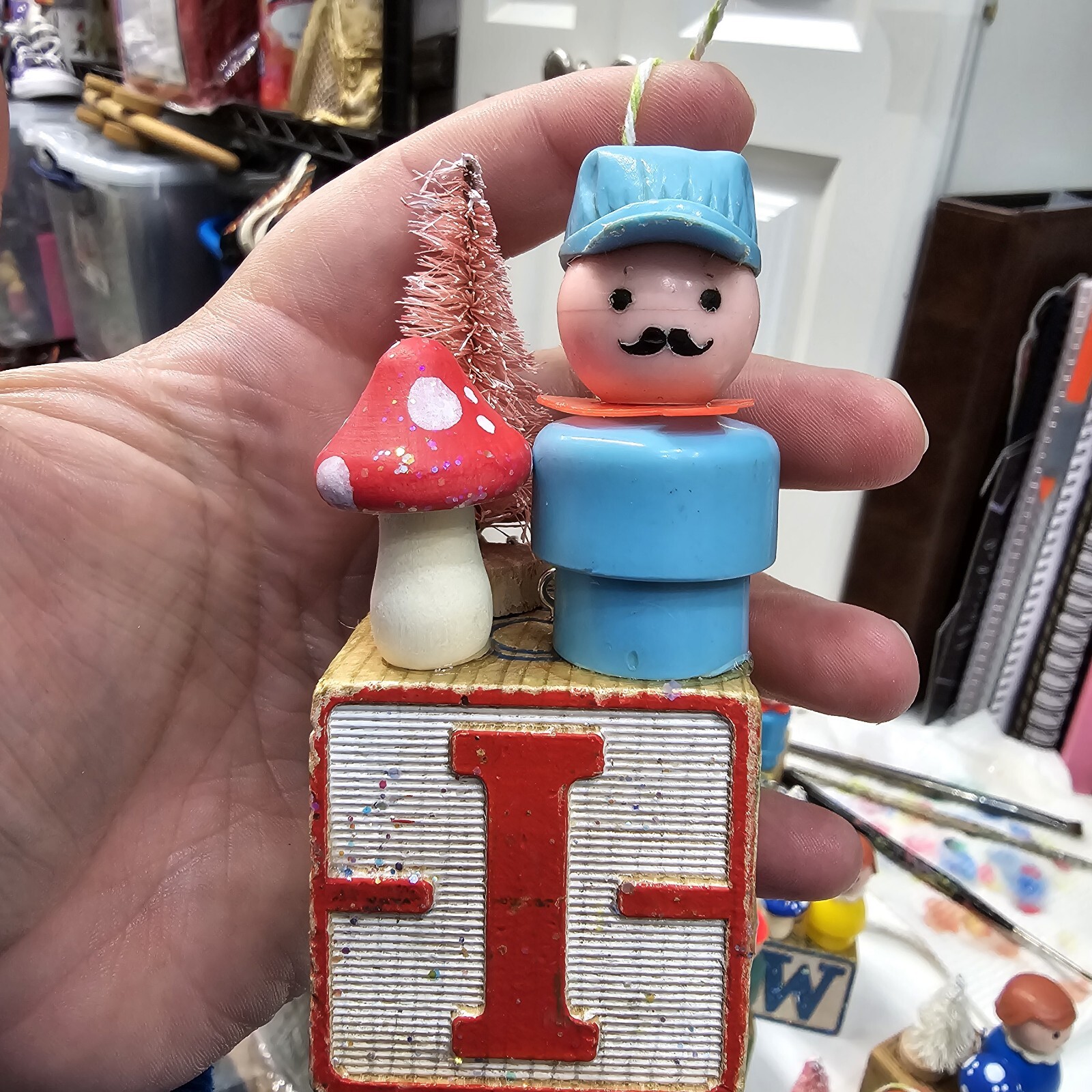 Vintage building block  Fisher Price Little People Christmas Ornament Letter I