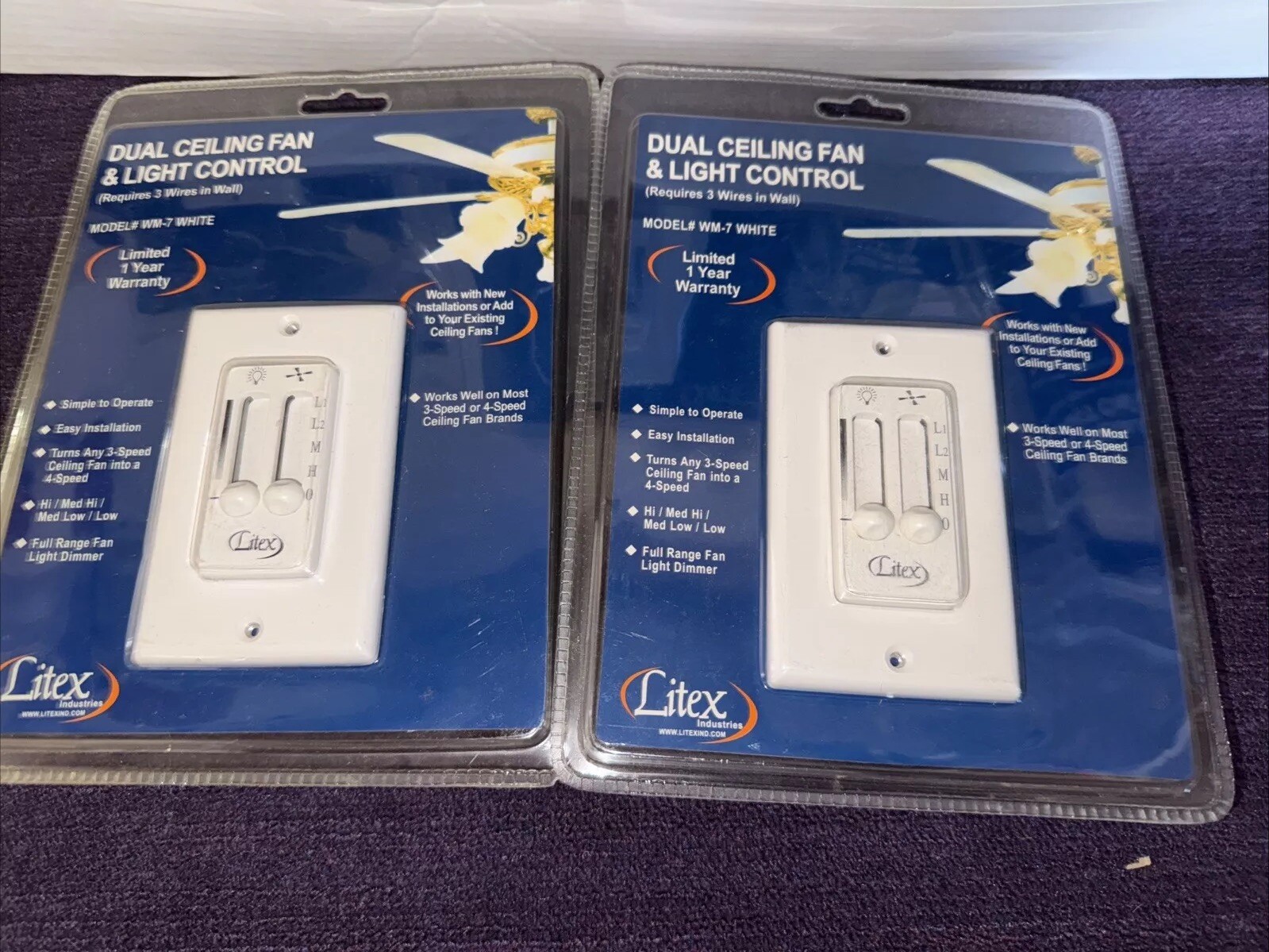 2 PC Litex Dual Ceiling Fan and Light Control with Dimmer, Model WM-7, White
