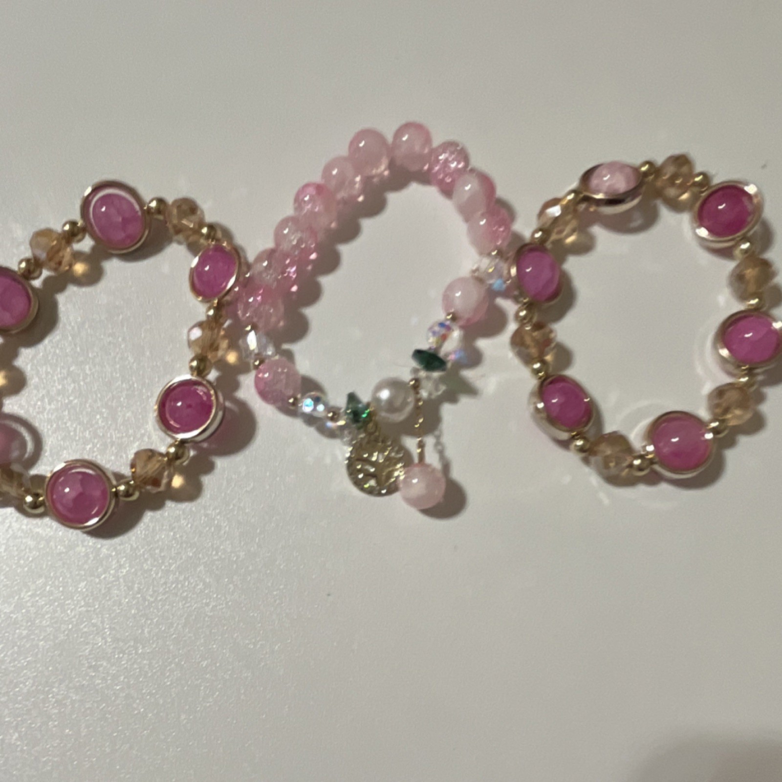 Pink and Gold Beaded Charm Bracelets Set of 3 with Tree of Life Charm