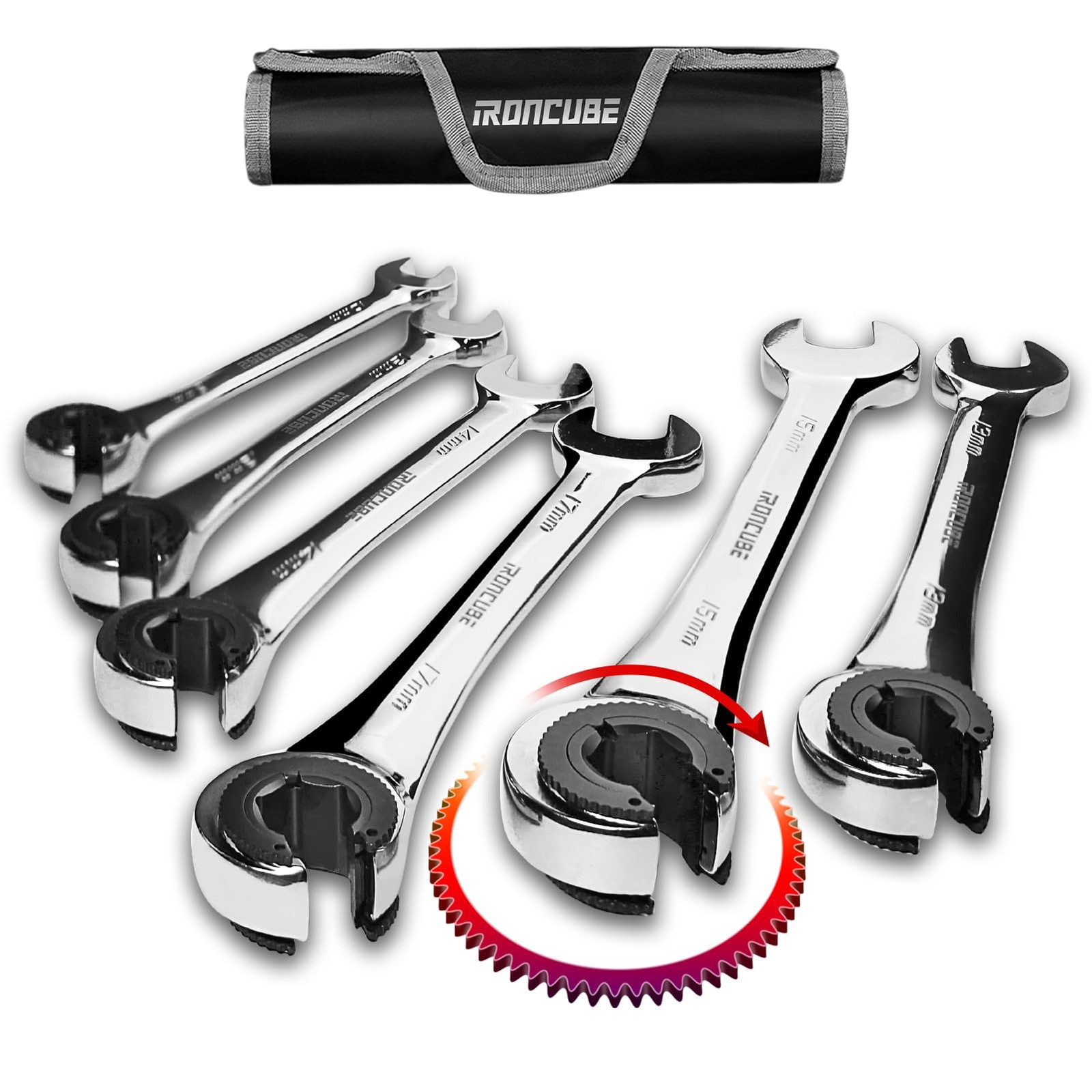 ironcube Brake Line Wrench Set: Metric 10-17mm - Ratcheting Open-end for Nuts...