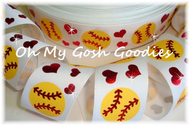 LAST 1 - 9 YDS 1.5 FIERCE SOFTBALL RED HEART HOLOGRAM BASEBALL GROSGRAIN RIBBON