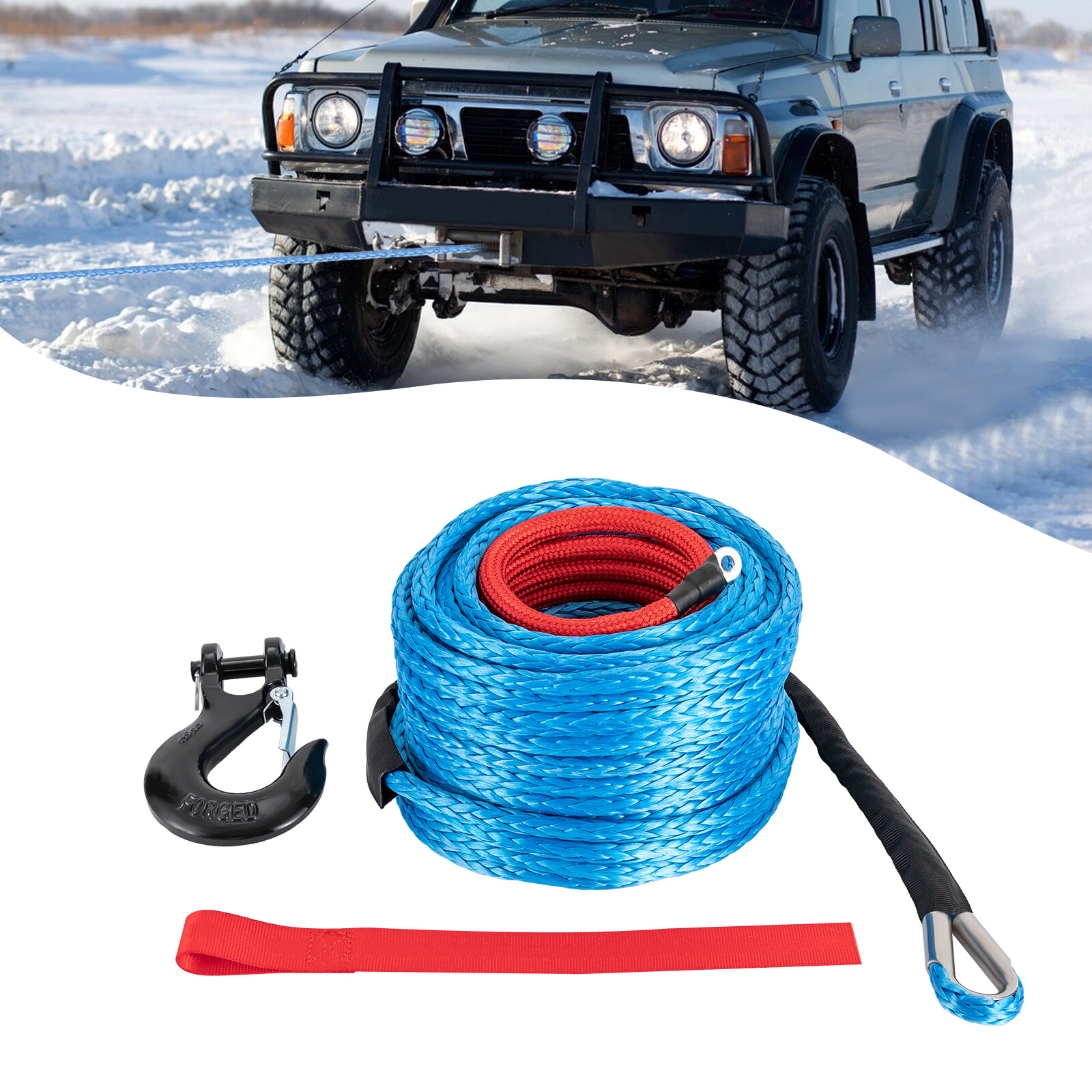3/8x100' Synthetic Winch Rope w/ Hook Winch Cable w/Protective Sleeve New
