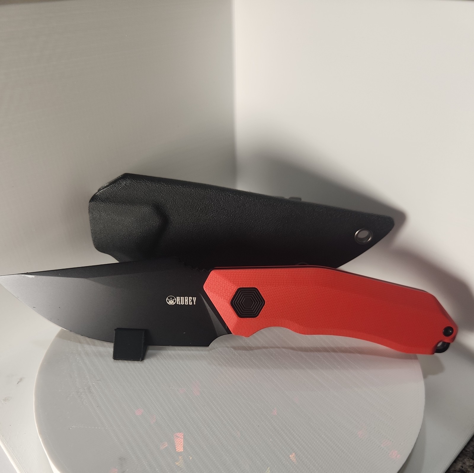 Kubey Basilisk Fixed Knife Red G10 Handle Blackwashed 14C28N Blade - KU381B